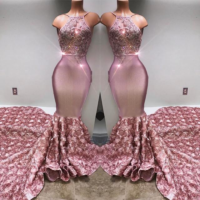 Gorgeous Pink Halter Mermaid Prom Dress Flower Bottom Evening Gown With Appliques