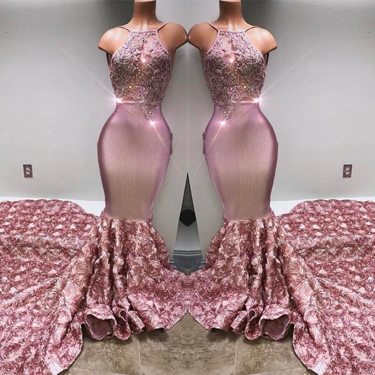 Gorgeous Pink Halter Mermaid Prom Dress Flower Bottom Evening Gown With Appliques