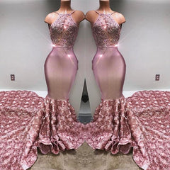 Gorgeous Pink Halter Mermaid Prom Dress Flower Bottom Evening Gown With Appliques