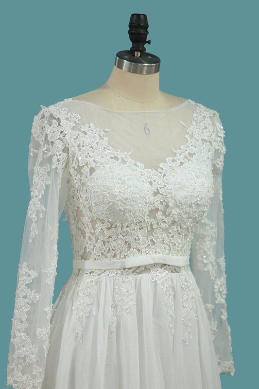 Elegant A-Line Chiffon Wedding Gown with Long Sleeves and Ruffles