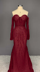 Heavy Champagne Prom Dress Sweetheart Long Sleeves Strapless Beads Mermaid Tulle