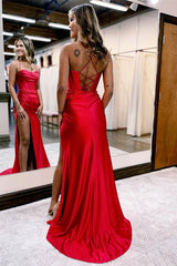 Elegant Spaghetti-Straps Sleeveless Prom Dress Mermaid High Split Strings Back