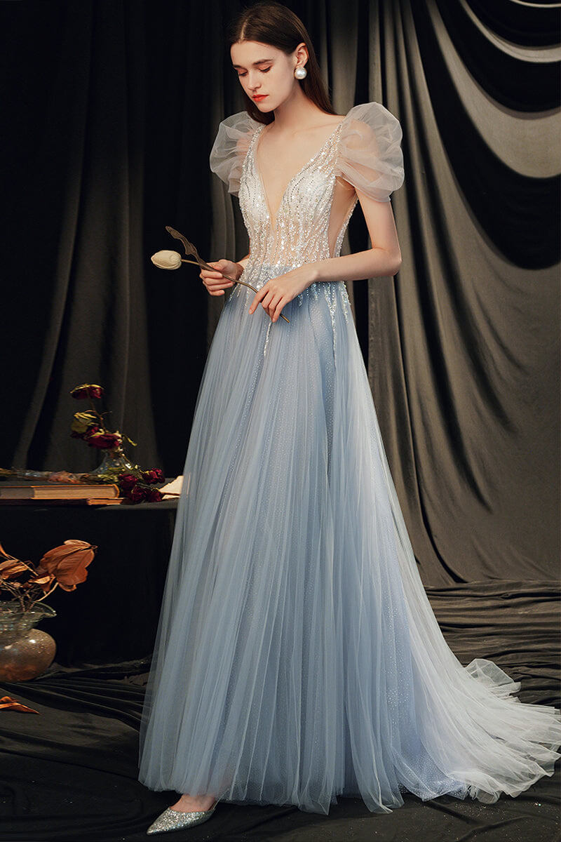Gorgeous Bubble Sleeves V-Neck Prom Dresses Tulle Long With Beads