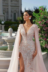Luxurious Pink Beaded Ribbon Prom Dress Split Shine Mermaid Dress