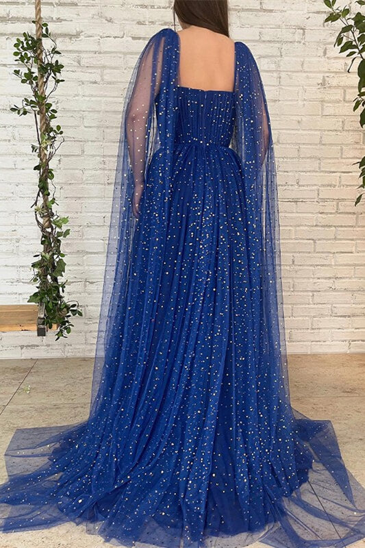 Chic Royal Blue Ruffles Long Evening Dress Beads with Tulle