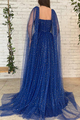 Chic Royal Blue Ruffles Long Evening Dress Beads with Tulle