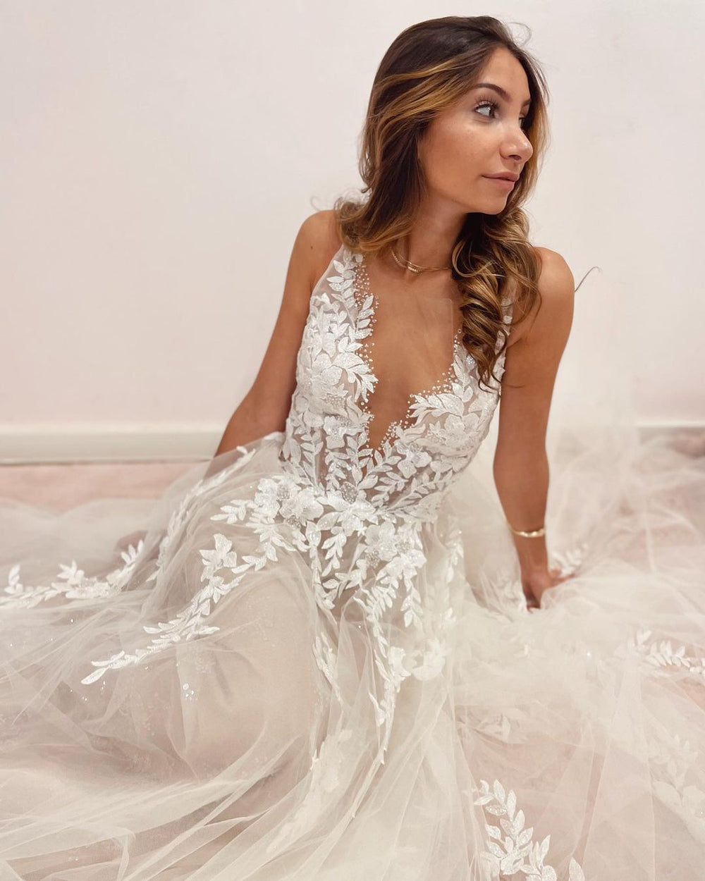 A-Line Floor-Length Wedding Dress with Appliques Lace, Deep V-Neck and Backless Tulle Design
