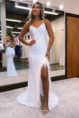 Charming Spaghetti-Straps Velvet Sequins Mermaid Prom Dress Sleeveless Split With Feather