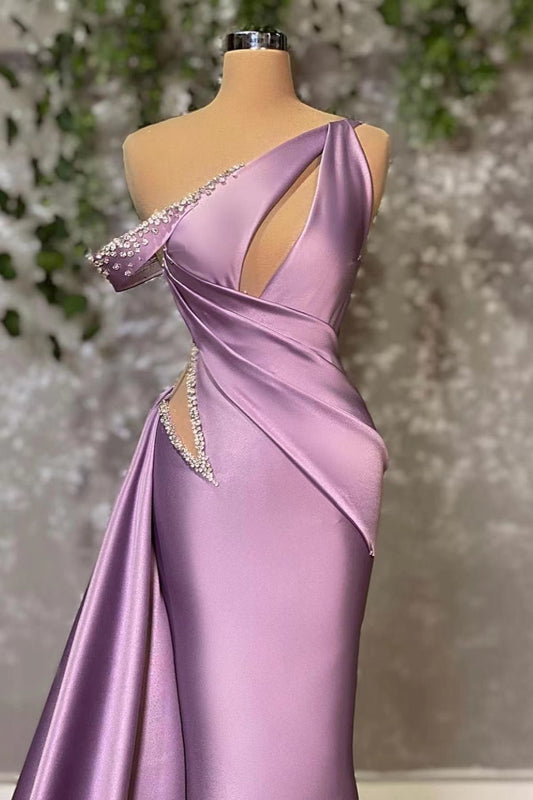Lilac Off-the-Shoulder Sleeveless Mermaid Prom Dress with Rhinstone