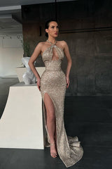 Classic Halter Sequins Mermaid Prom Dress With Split Long