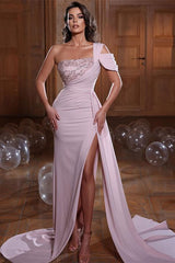 Charming One Shoulder Pink Mermaid Prom Dress Long Split Ruffles With Beads