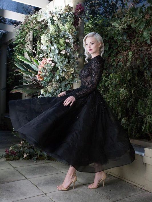 Elegant Black Tea-Length Bateau Sleeve Wedding Gown Featuring Lace Appliques