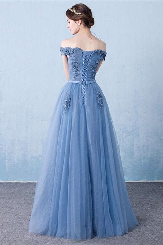 Gorgeous Off-the-Shoulder Dusty Blue Prom Dresses Tulle Long With Appliques