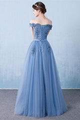 Gorgeous Off-the-Shoulder Dusty Blue Prom Dresses Tulle Long With Appliques