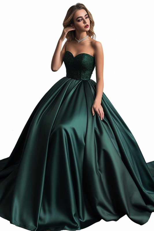 Dark Green Long Prom Dress Sweetheart With Sequins
