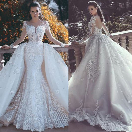 Wedding Dress Featuring Long Sleeves, Lace Appliques, and a Detachable Mermaid Skirt