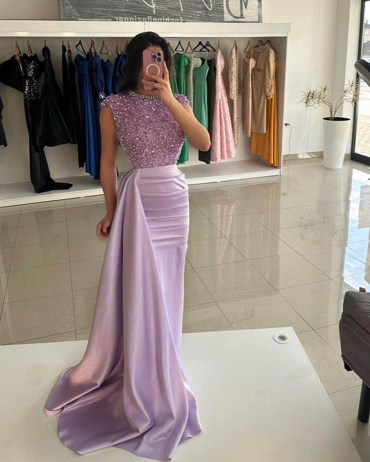 Beautiful Lilac Cap Sleeve Mermaid Prom Dresses Ruffle With Pearls Sequins Beads