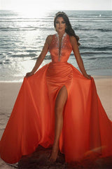 Glamorous Orange Beadings Prom Dress Split With Ruffles