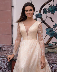 Elegant V-neck Long A-line Glitter Wedding Gown With Sleeves