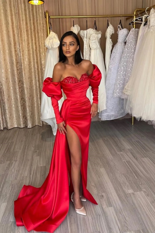 Red Off-the-Shoulder Long sleeves Prom Dress Split with Sequins