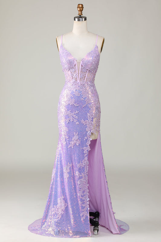 Spaghetti Strap Prom Dress Applique Split Mermaid Dress