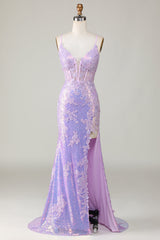 Spaghetti Strap Prom Dress Applique Split Mermaid Dress