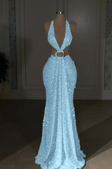 Glamorous Gold Halter Backless Sequin Evening Dress