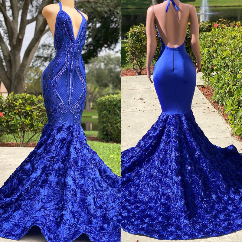 Fabulous Royal Blue V-Neck Prom Dress Mermaid Sequins Rose Bottom