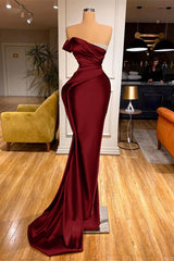  Red Strapless Mermaid Prom Dress Long Pleated with Beads