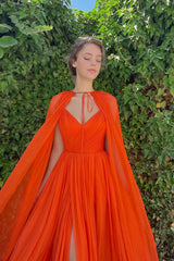 Amazing Bright Orange V-Neck Chiffon Prom Dress Sleeveless With Cape Side Split