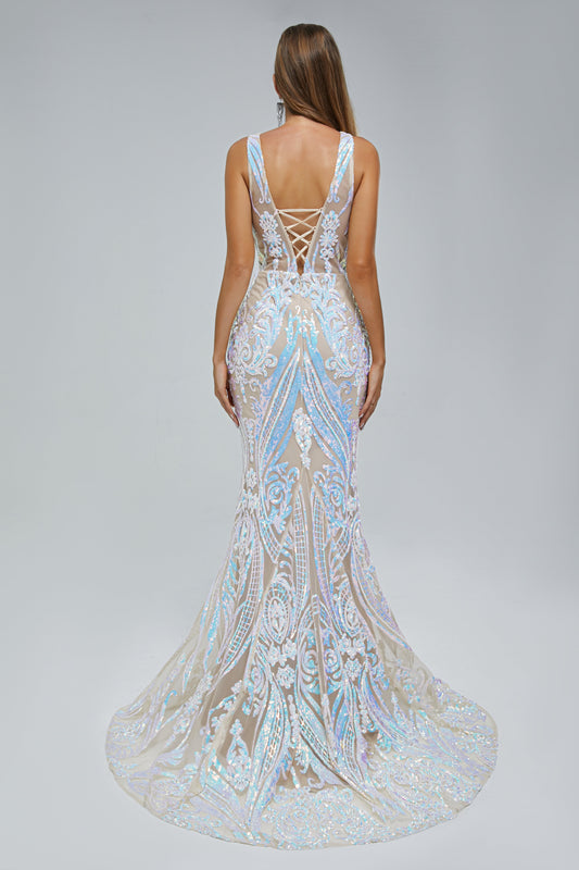 Gorgeous V-Neck Sleeveless Prom Dress Sequins Mermaid Long