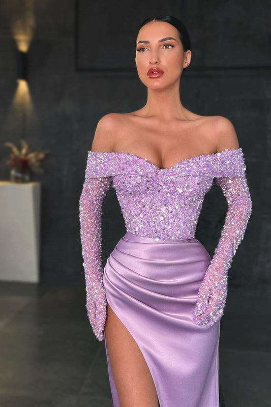 Gorgeous Long Sleeves Off-the-Shoulder Sequins Prom Dress Mermaid With Slit