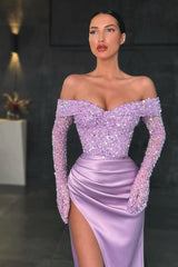 Gorgeous Long Sleeves Off-the-Shoulder Sequins Prom Dress Mermaid With Slit