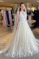 Backless A-Line Bateau Wedding Dress with Elegant Tulle Ruffles and Lace Appliques