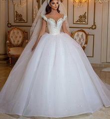 Elegant Off-the-Shoulder Princess Wedding Dress with Beaded Pearl Tulle