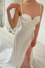 Charming Spaghetti-Straps White Sweetheart Prom Dress Split Sleeveless