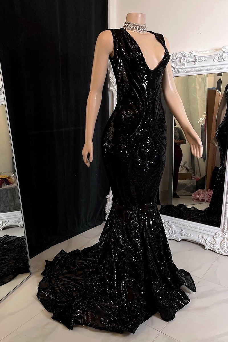 Modern Sleeveless V-Neck Mermaid Prom Dresses Sequins Long Online