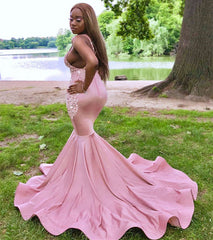 Charming Spaghetti-Straps Pink Mermaid Prom Dresses Lace Appliques Online
