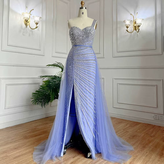 Elegant Sleeveless Mermaid Split One Shoulder Evening Dress Sequins With Tulle Overskirt