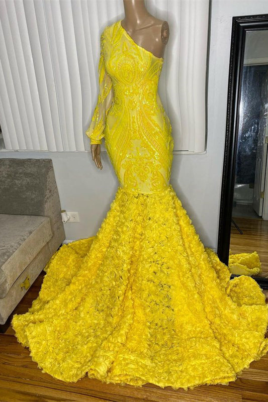 Classy Yellow One Shoulder Prom Dress Mermaid Sequins Long