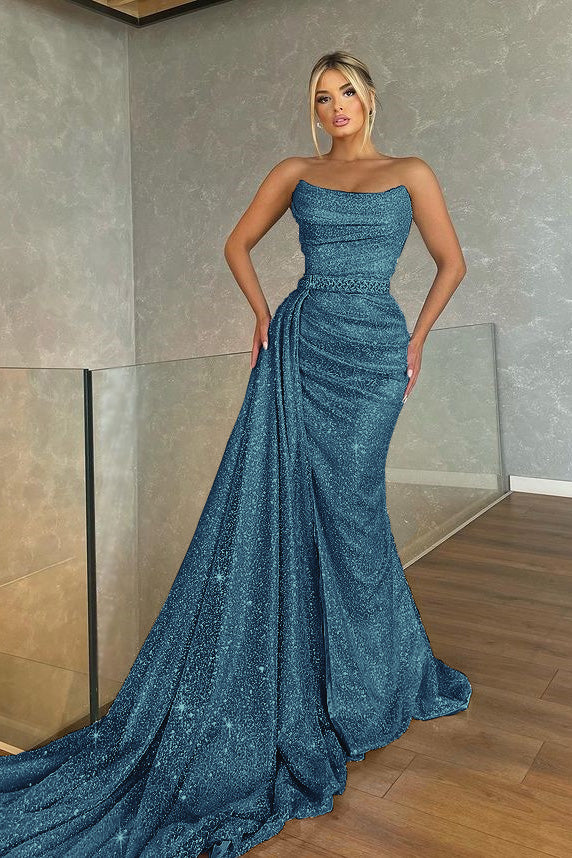 Baby Blue Strapless Sleeveless Beadings Mermaid Prom Dress with Sequins