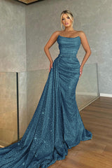 Baby Blue Strapless Sleeveless Beadings Mermaid Prom Dress with Sequins