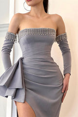Gorgeous Detachable Sleeves Mermaid Prom Dress Long Slit With Tassels