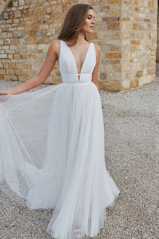 V-Neck Tulle Bridal Gown with Sleeves