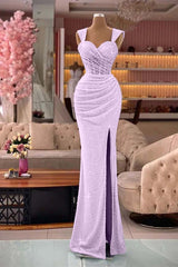  Glamorous Straps Sweetheart Mermaid Sequin Split Evening Dress with Pleats