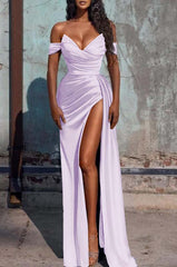  Dusty Blue Off-the-Shoulder Mermaid Prom Dress with Slit