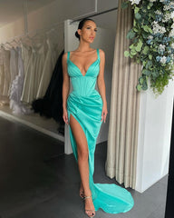 Blushing Pink Pleated Prom Dress V Neck High Slit