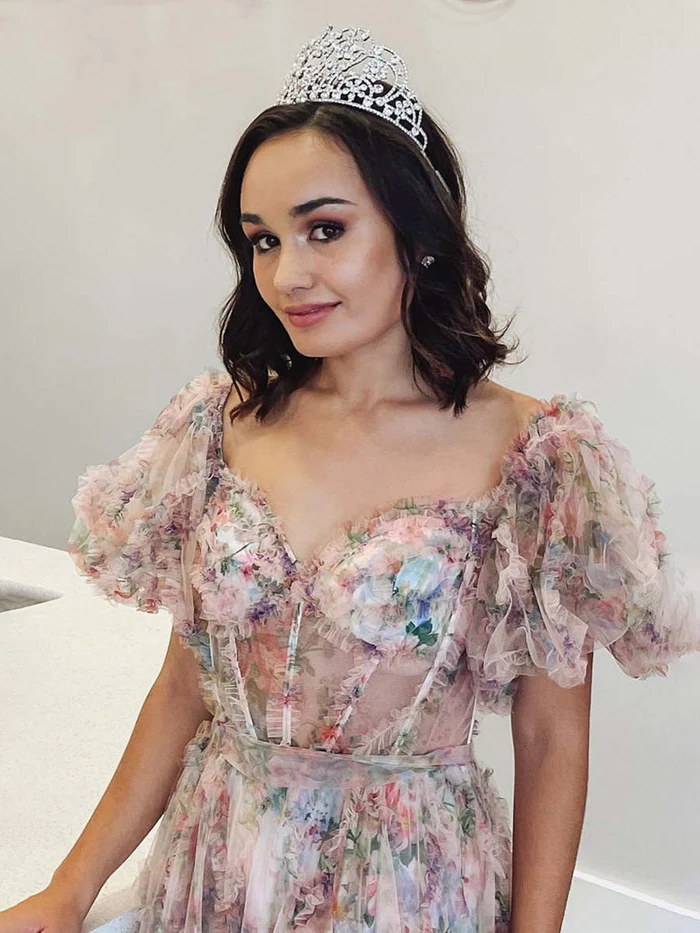  Off-the-Shoulder Puff Sleeves A Line Long Prom Dress with Tulle