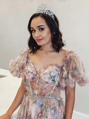  Off-the-Shoulder Puff Sleeves A Line Long Prom Dress with Tulle