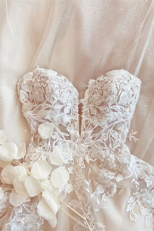 A-Line Lace Wedding Gown with Spaghetti Straps and Tulle